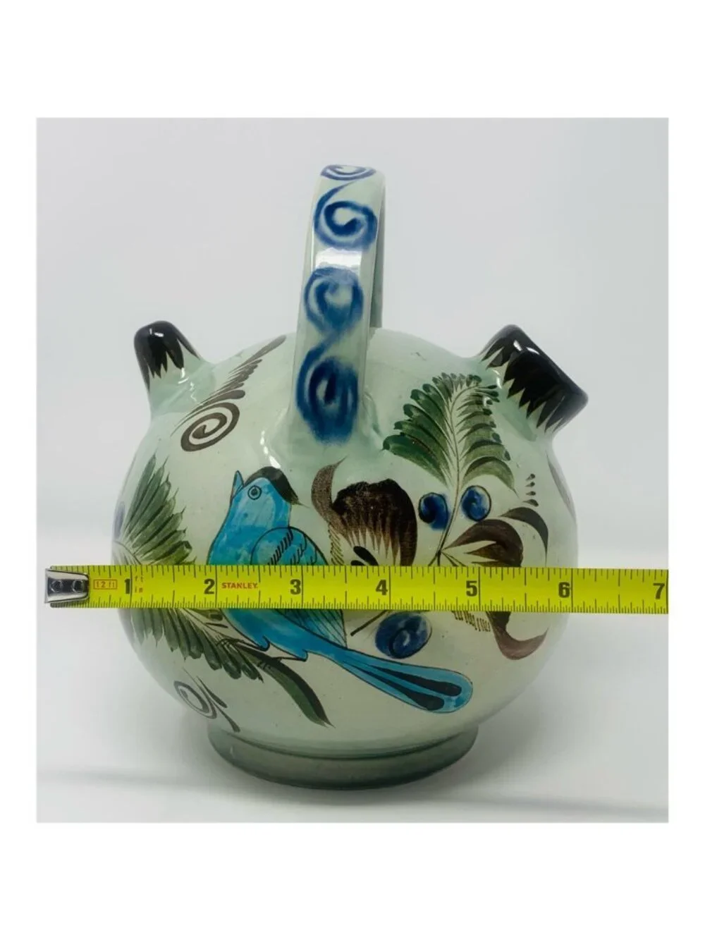 Vintage Noe Suro Tonala Teapot Floral Blue Bird Folk Art Mexico Signed 8x6